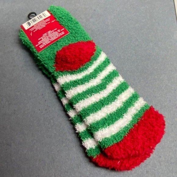 Christmas Penquin Cozy Socks Striped Green White Red Women Men Unisex - Picture 2 of 3